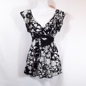 Floral Print V-Neck Cap Sleeve Blouse Top